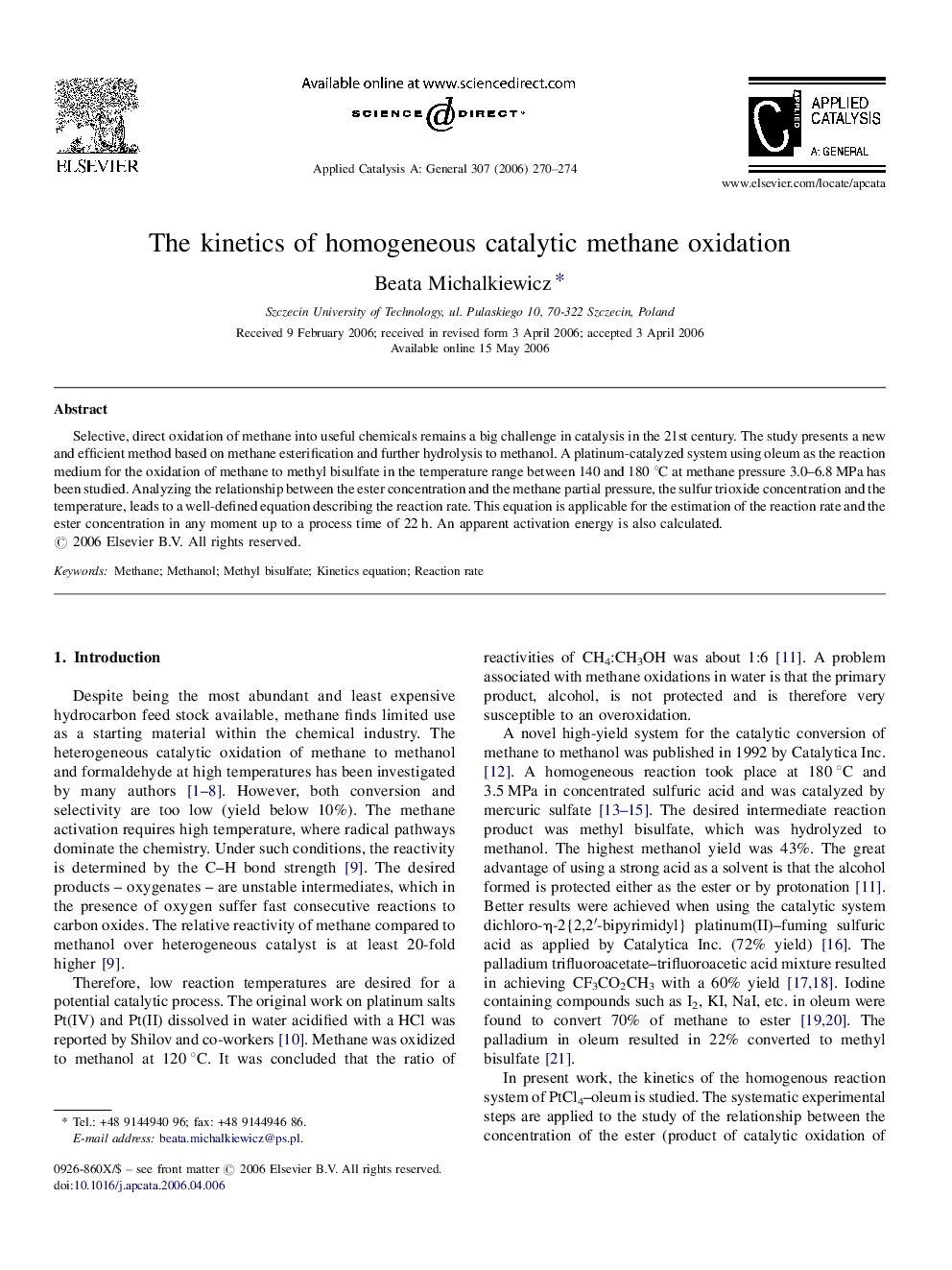 The kinetics of homogeneous catalytic methane oxidation