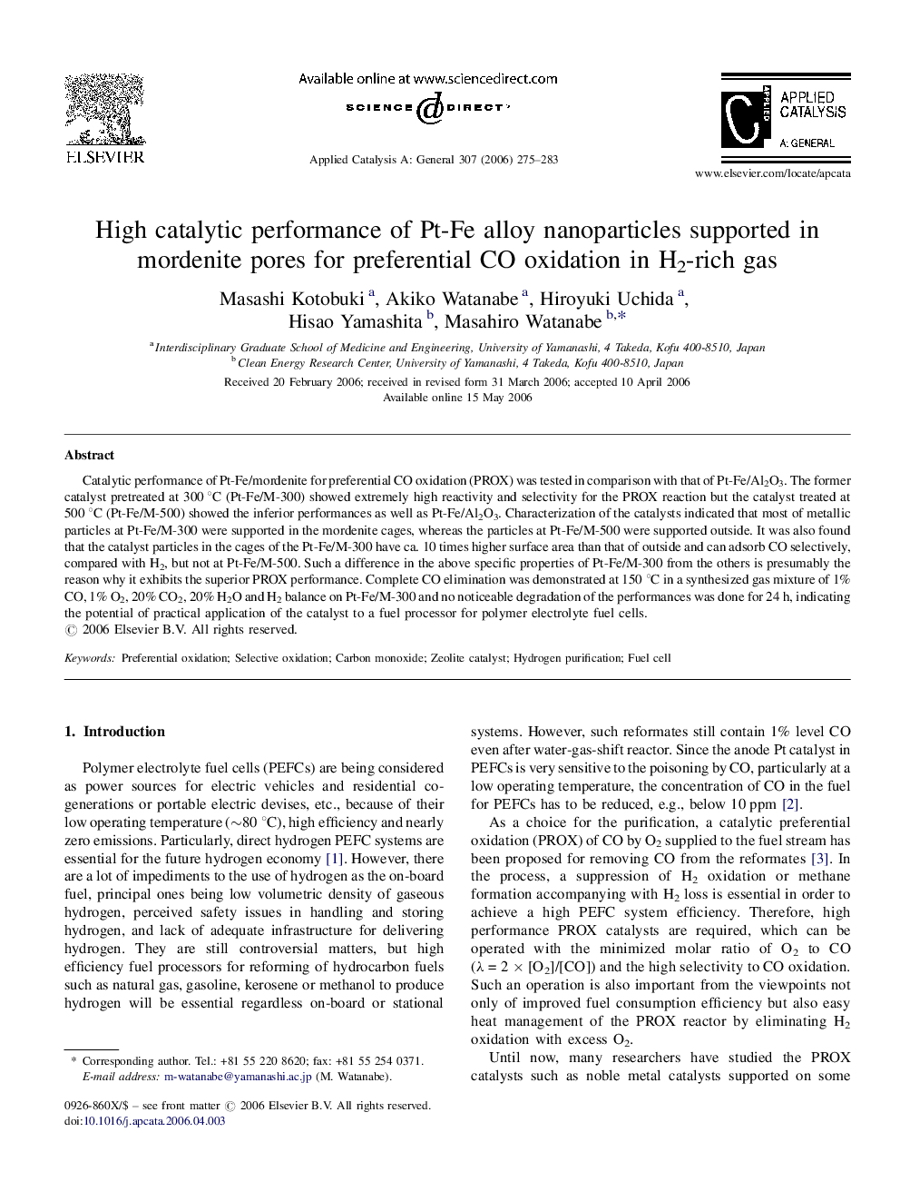 High catalytic performance of Pt-Fe alloy nanoparticles supported in mordenite pores for preferential CO oxidation in H2-rich gas