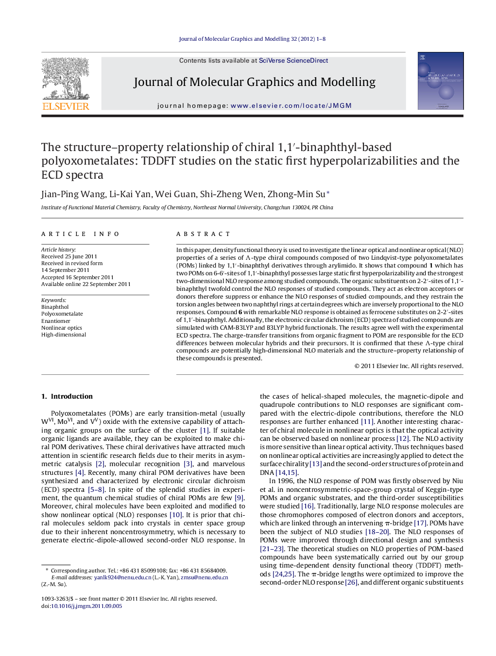 The structure–property relationship of chiral 1,1′-binaphthyl-based polyoxometalates: TDDFT studies on the static first hyperpolarizabilities and the ECD spectra