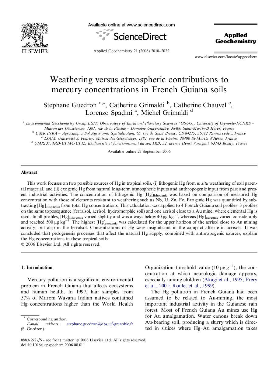 Weathering versus atmospheric contributions to mercury concentrations in French Guiana soils