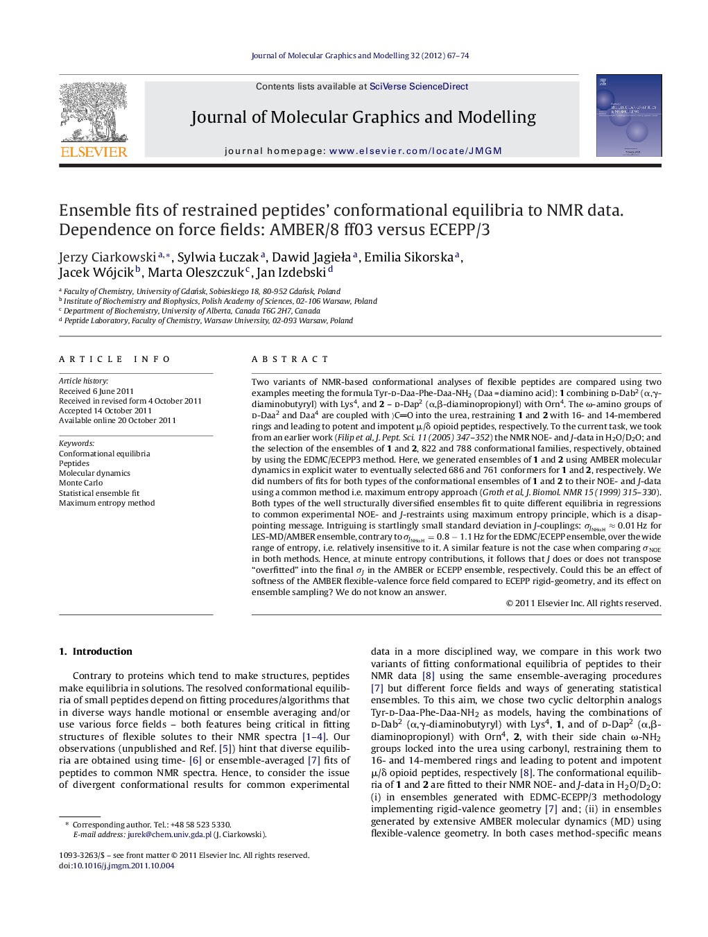 Ensemble fits of restrained peptides’ conformational equilibria to NMR data. Dependence on force fields: AMBER/8 ff03 versus ECEPP/3