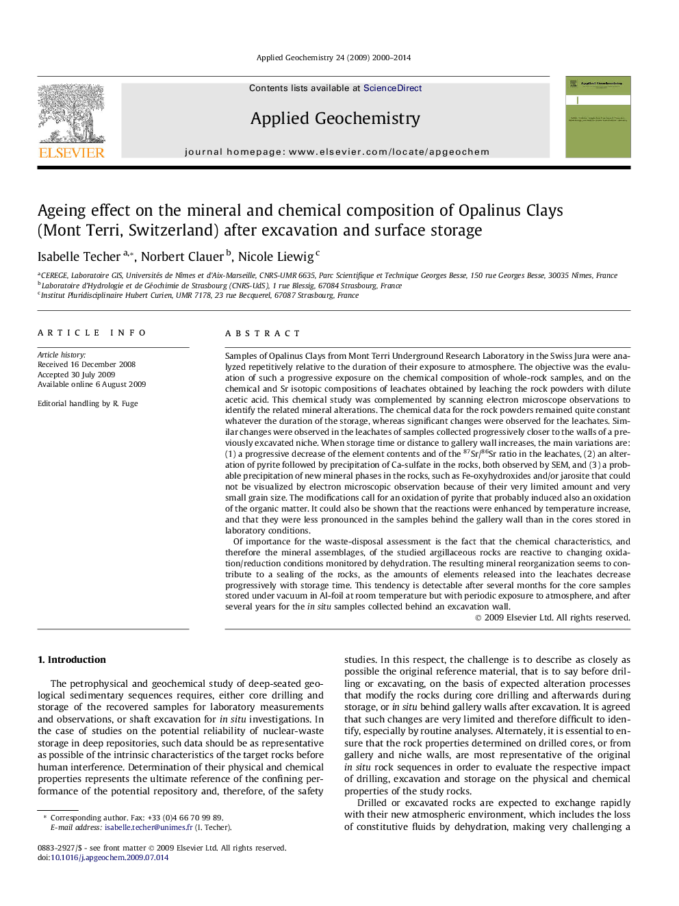 Ageing effect on the mineral and chemical composition of Opalinus Clays (Mont Terri, Switzerland) after excavation and surface storage