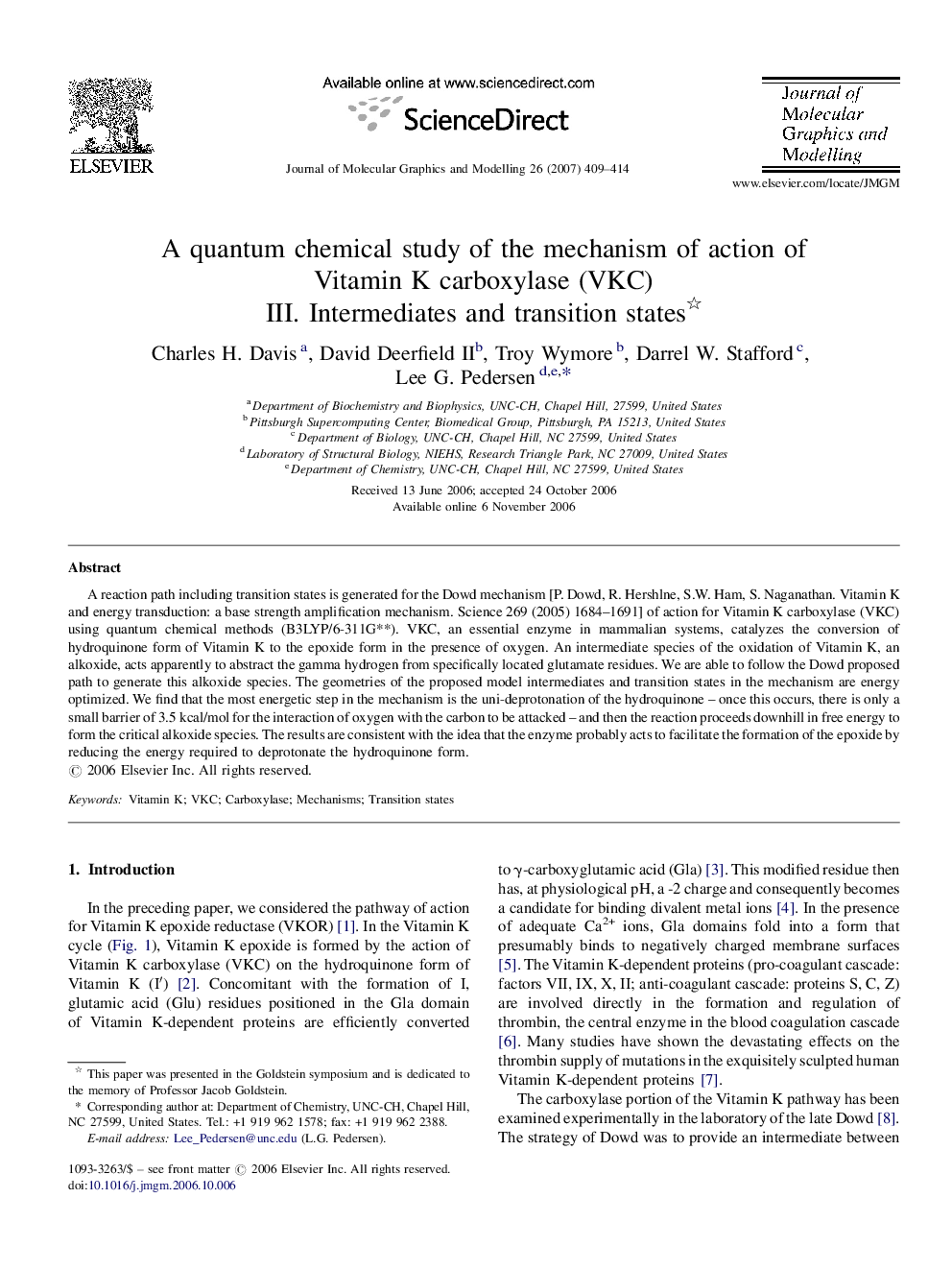 A quantum chemical study of the mechanism of action of Vitamin K carboxylase (VKC) : III. Intermediates and transition states