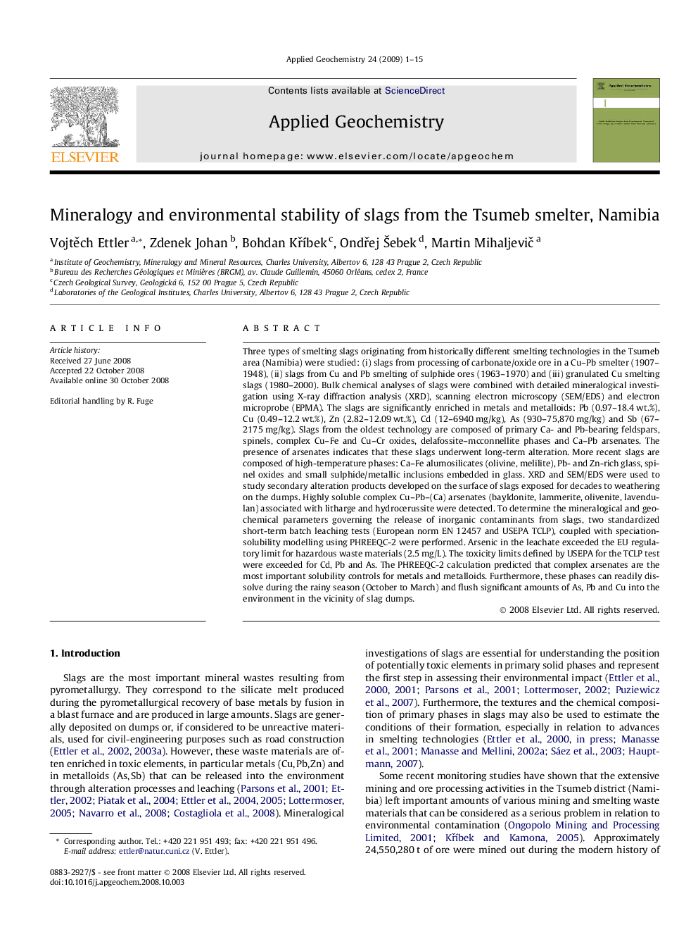 Mineralogy and environmental stability of slags from the Tsumeb smelter, Namibia