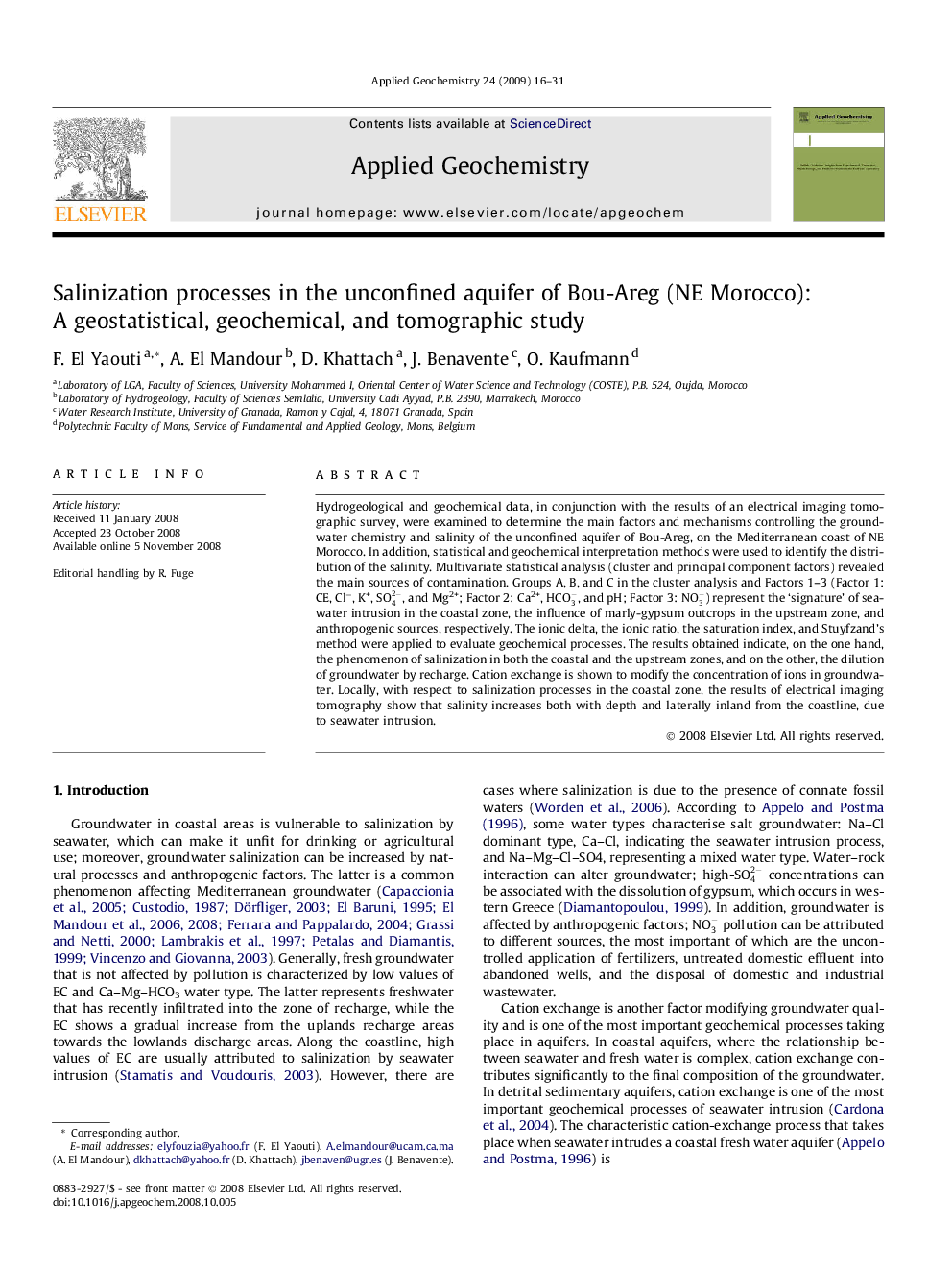 Salinization processes in the unconfined aquifer of Bou-Areg (NE Morocco): A geostatistical, geochemical, and tomographic study