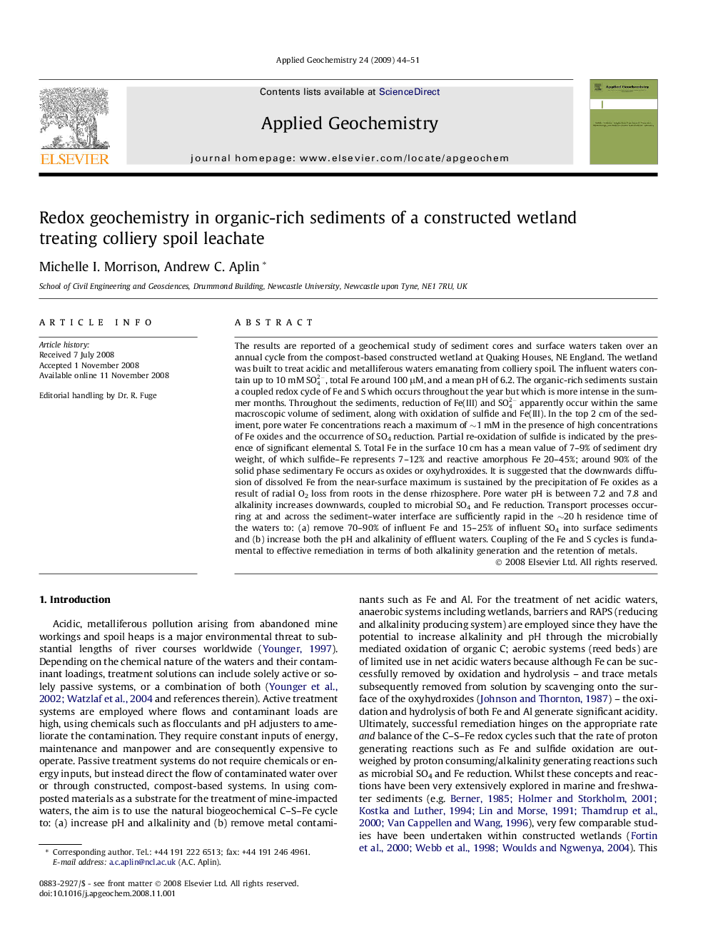 Redox geochemistry in organic-rich sediments of a constructed wetland treating colliery spoil leachate