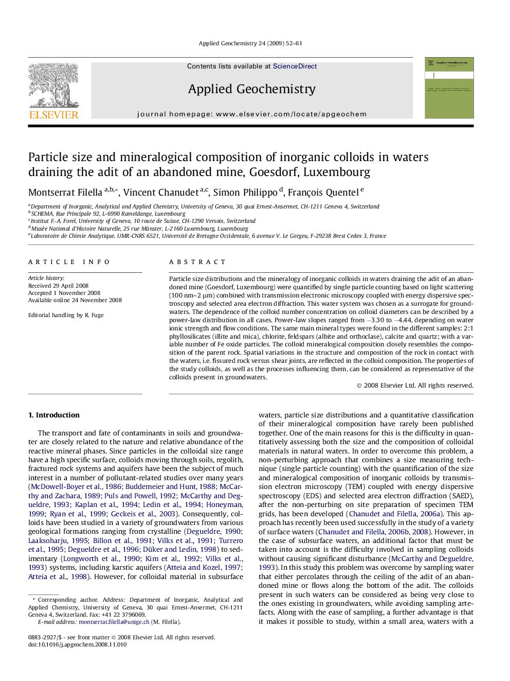 Particle size and mineralogical composition of inorganic colloids in waters draining the adit of an abandoned mine, Goesdorf, Luxembourg