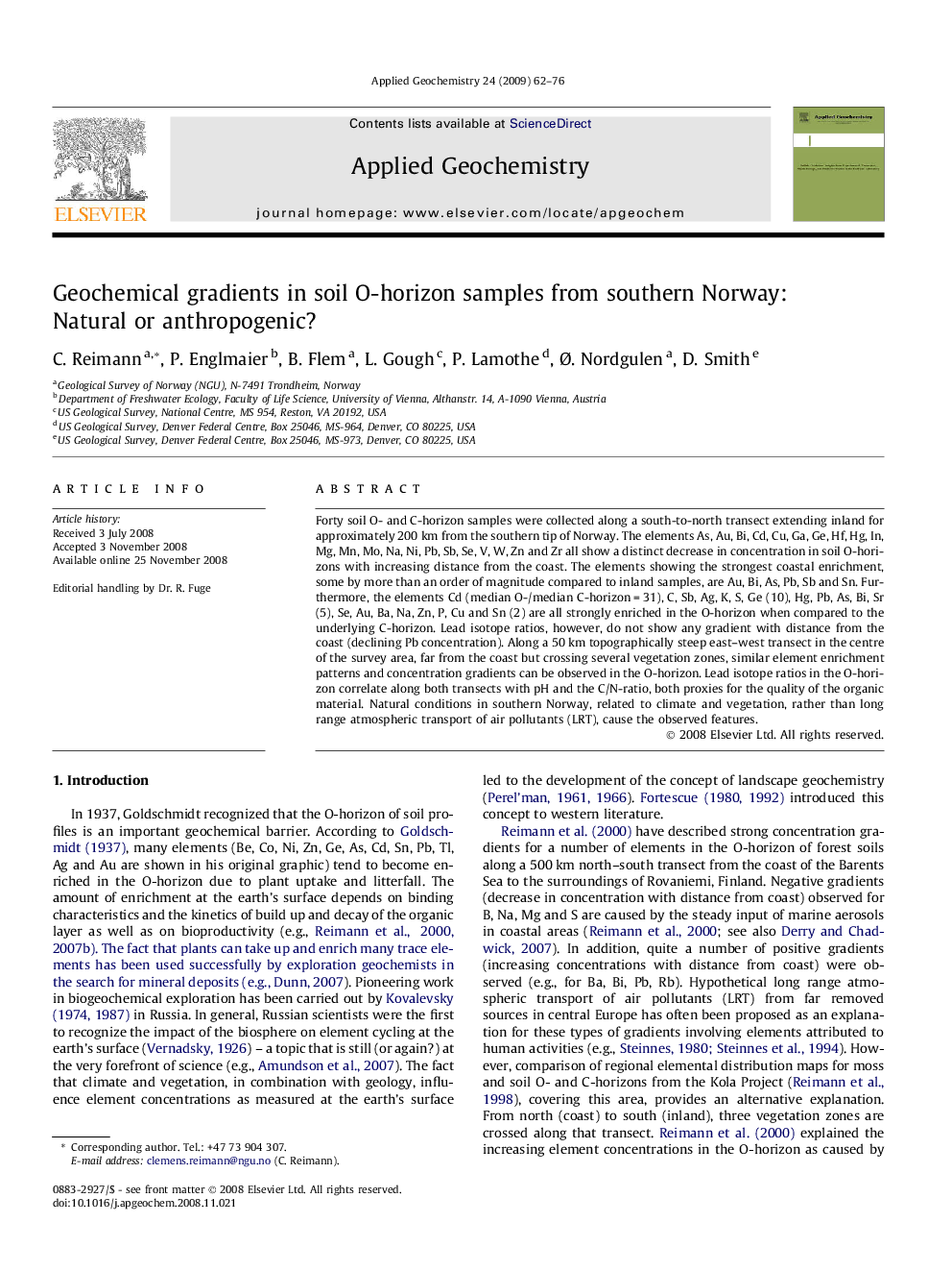 Geochemical gradients in soil O-horizon samples from southern Norway: Natural or anthropogenic?