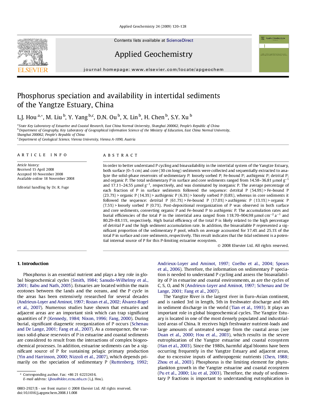 Phosphorus speciation and availability in intertidal sediments of the Yangtze Estuary, China