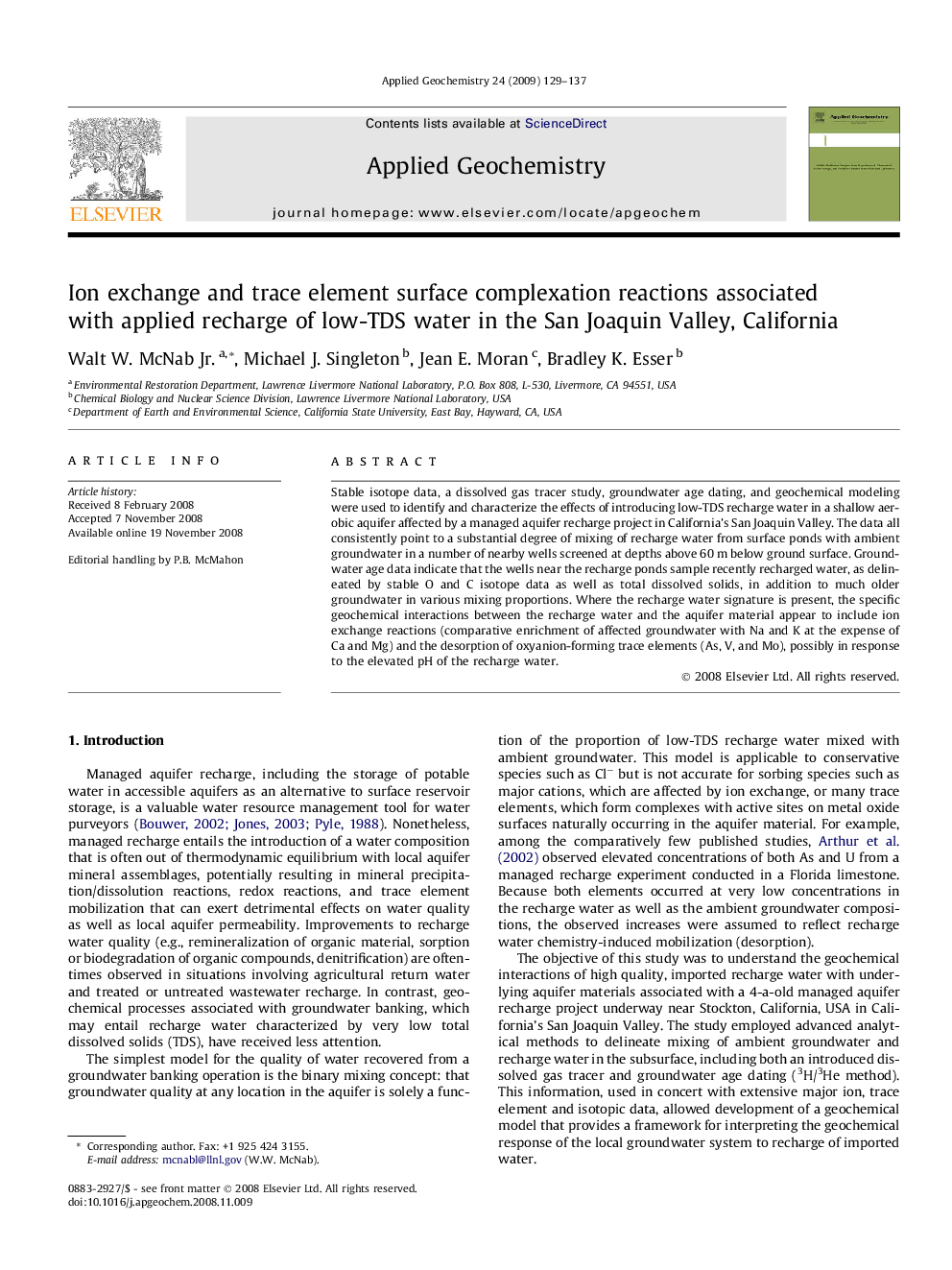 Ion exchange and trace element surface complexation reactions associated with applied recharge of low-TDS water in the San Joaquin Valley, California