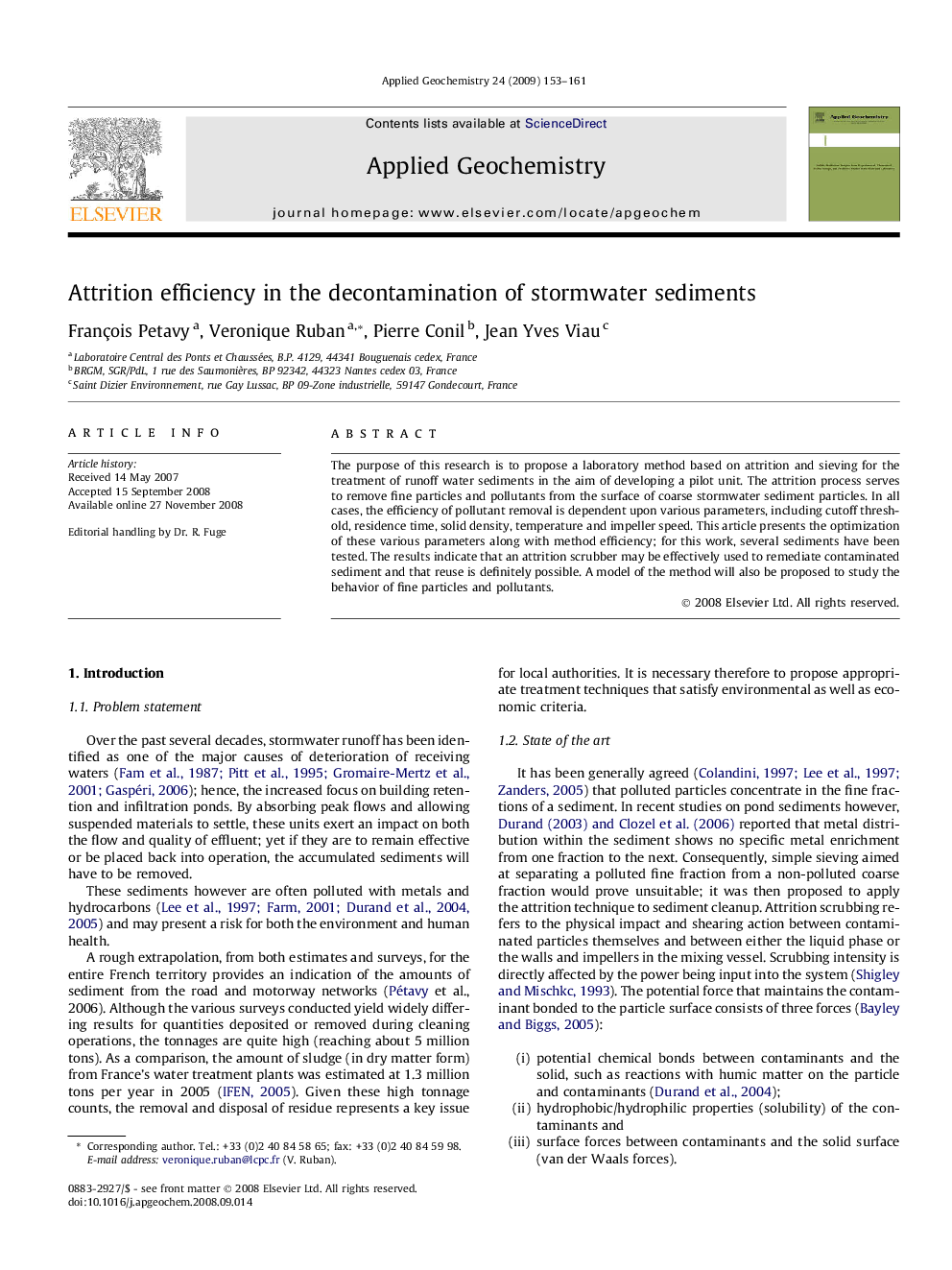 Attrition efficiency in the decontamination of stormwater sediments