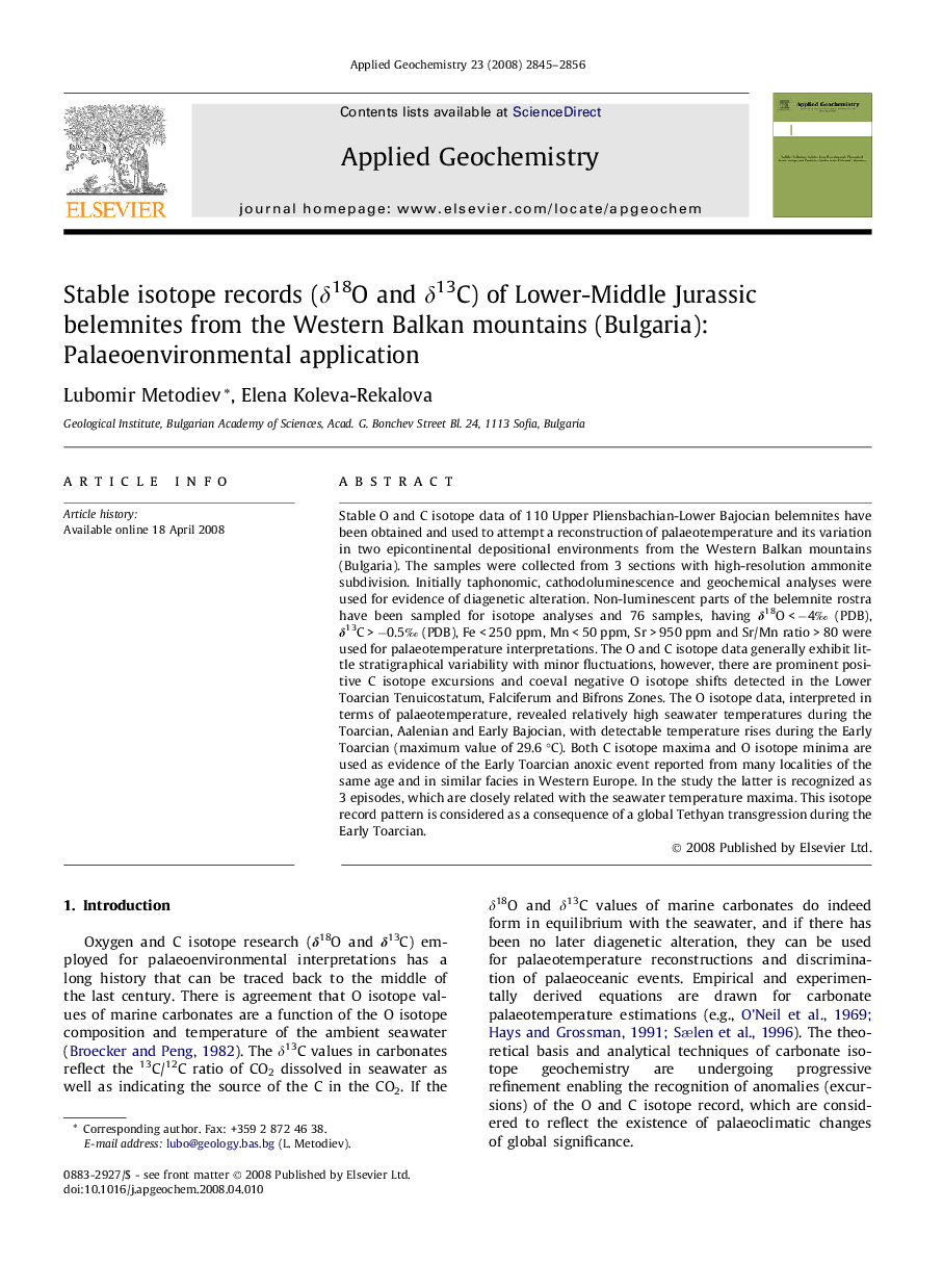 Stable isotope records (δ18O and δ13C) of Lower-Middle Jurassic belemnites from the Western Balkan mountains (Bulgaria): Palaeoenvironmental application