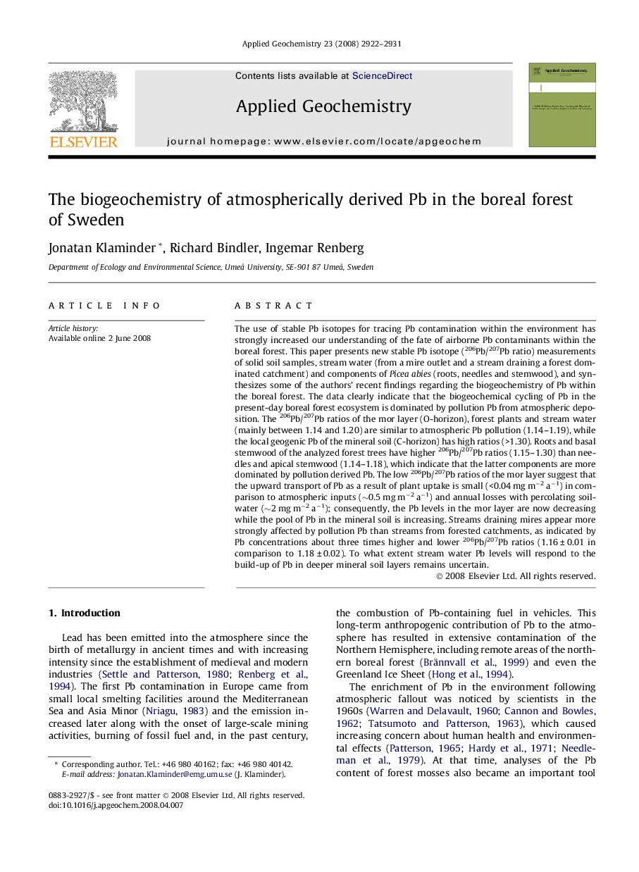 The biogeochemistry of atmospherically derived Pb in the boreal forest of Sweden