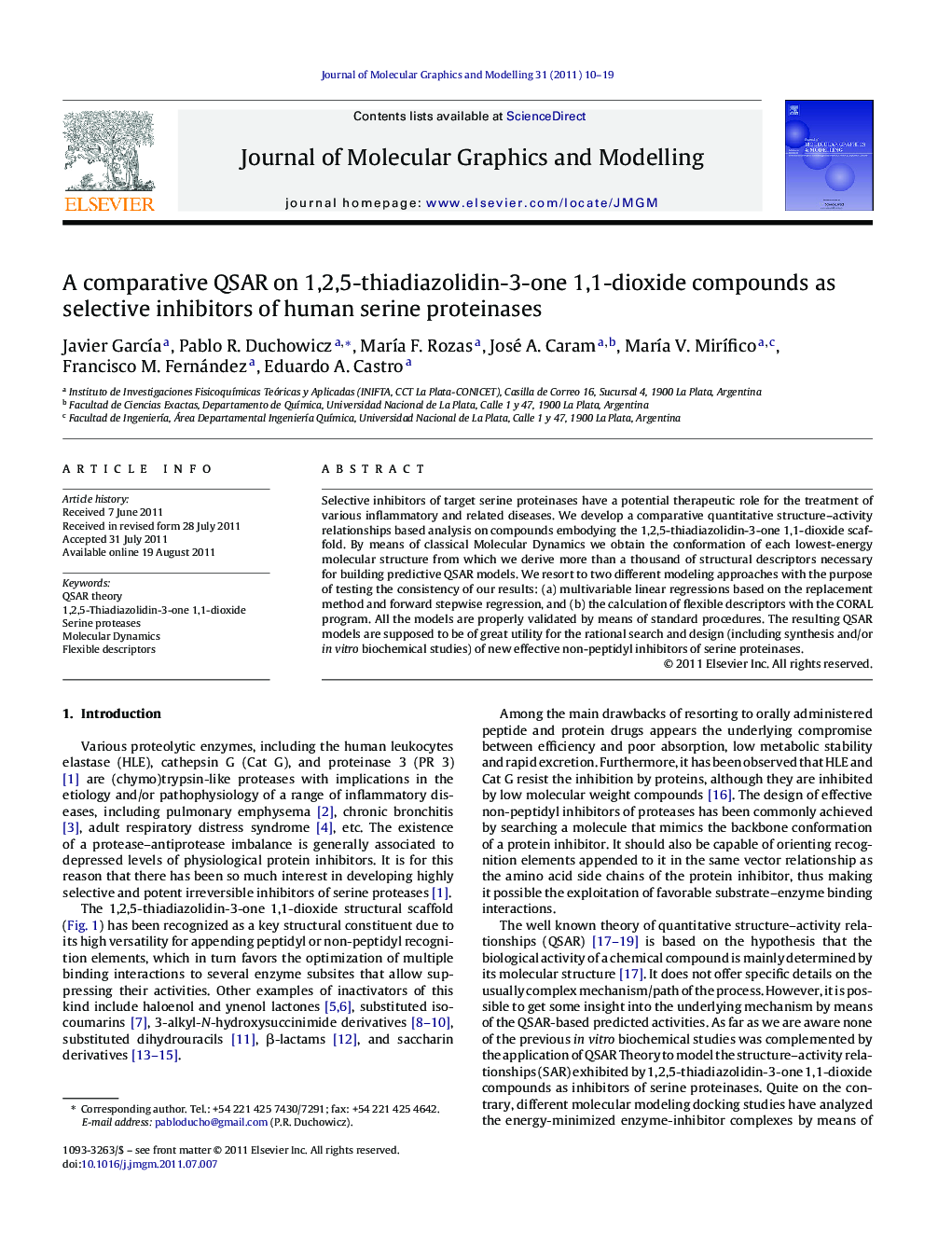 A comparative QSAR on 1,2,5-thiadiazolidin-3-one 1,1-dioxide compounds as selective inhibitors of human serine proteinases