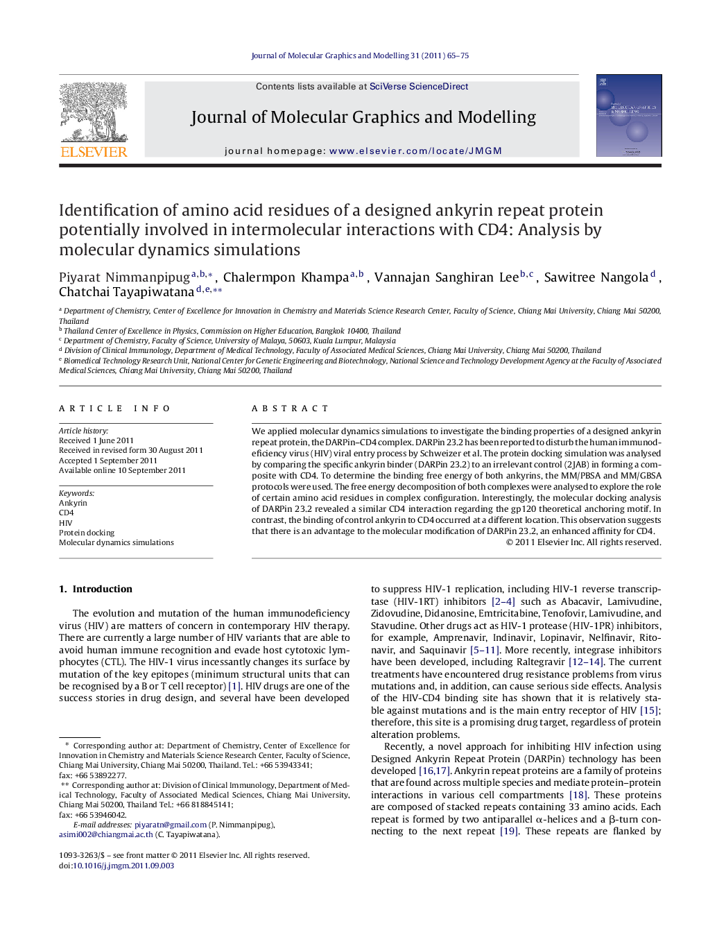 Identification of amino acid residues of a designed ankyrin repeat protein potentially involved in intermolecular interactions with CD4: Analysis by molecular dynamics simulations