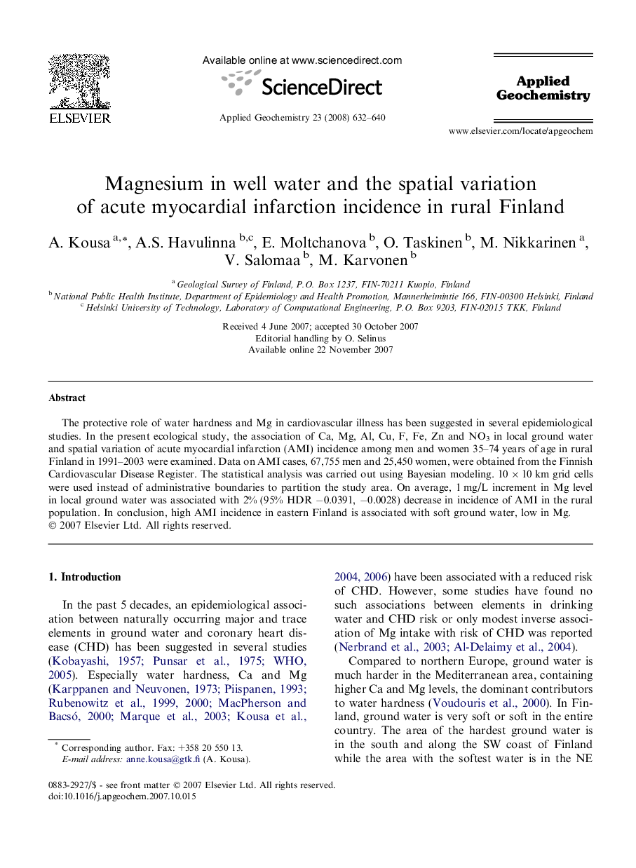 Magnesium in well water and the spatial variation of acute myocardial infarction incidence in rural Finland