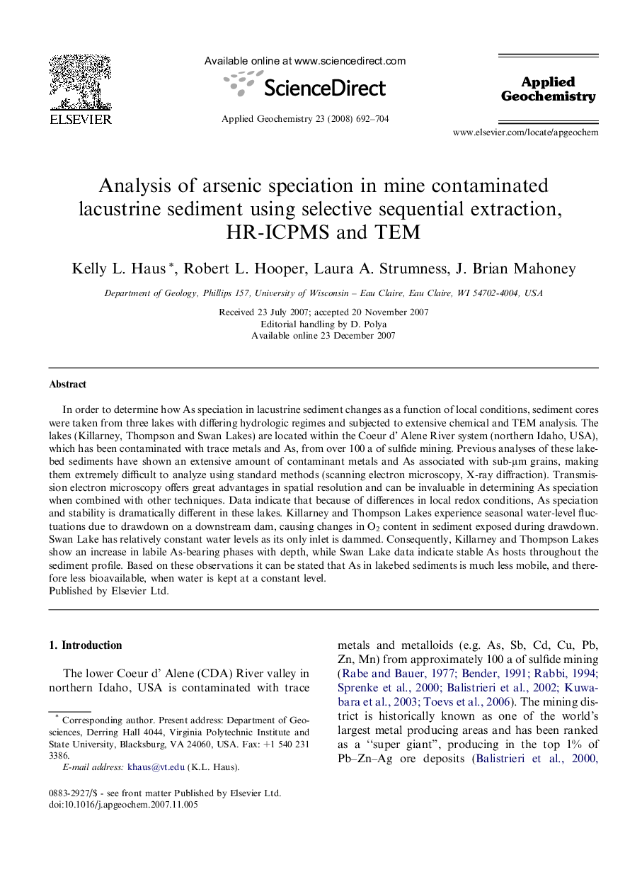 Analysis of arsenic speciation in mine contaminated lacustrine sediment using selective sequential extraction, HR-ICPMS and TEM