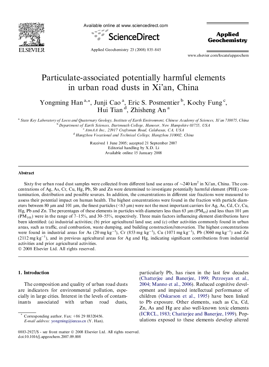 Particulate-associated potentially harmful elements in urban road dusts in Xi’an, China