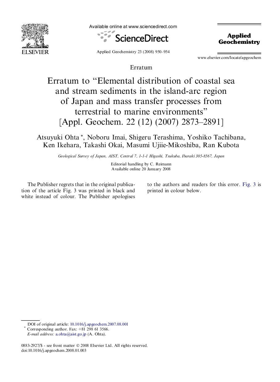 Erratum to “Elemental distribution of coastal sea and stream sediments in the island-arc region of Japan and mass transfer processes from terrestrial to marine environments” [Appl. Geochem. 22 (12) (2007) 2873-2891]