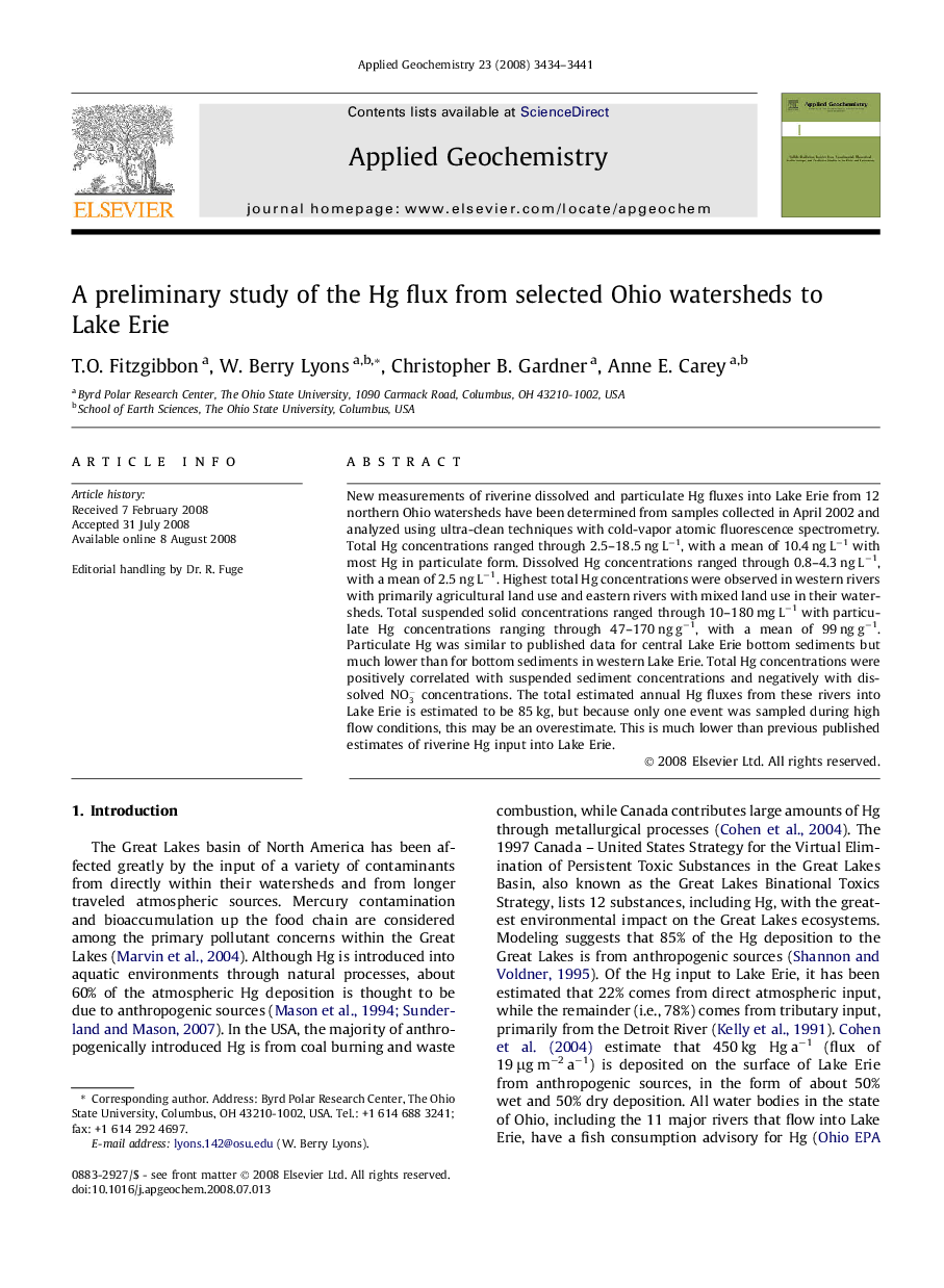 A preliminary study of the Hg flux from selected Ohio watersheds to Lake Erie