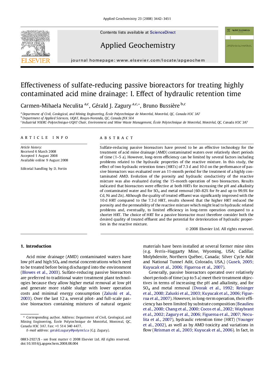 Effectiveness of sulfate-reducing passive bioreactors for treating highly contaminated acid mine drainage: I. Effect of hydraulic retention time
