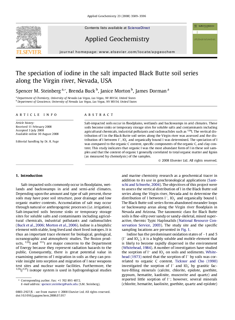 The speciation of iodine in the salt impacted Black Butte soil series along the Virgin river, Nevada, USA