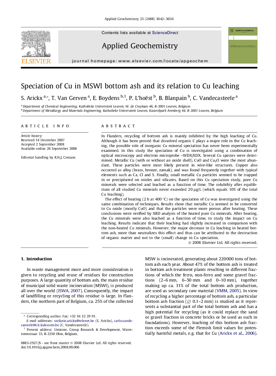 Speciation of Cu in MSWI bottom ash and its relation to Cu leaching
