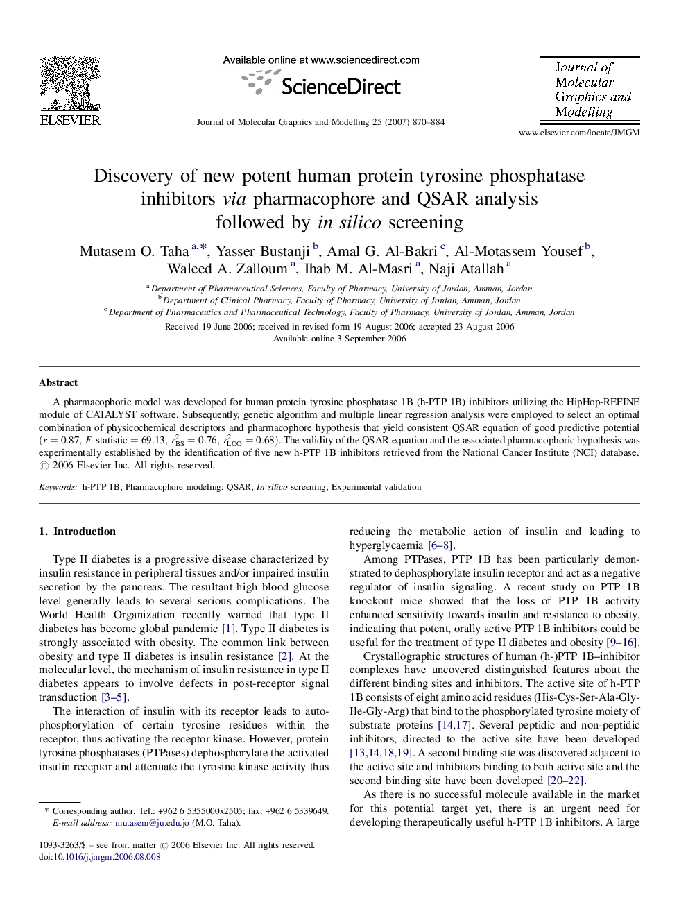 Discovery of new potent human protein tyrosine phosphatase inhibitors via pharmacophore and QSAR analysis followed by in silico screening