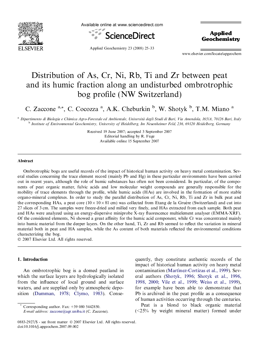 Distribution of As, Cr, Ni, Rb, Ti and Zr between peat and its humic fraction along an undisturbed ombrotrophic bog profile (NW Switzerland)