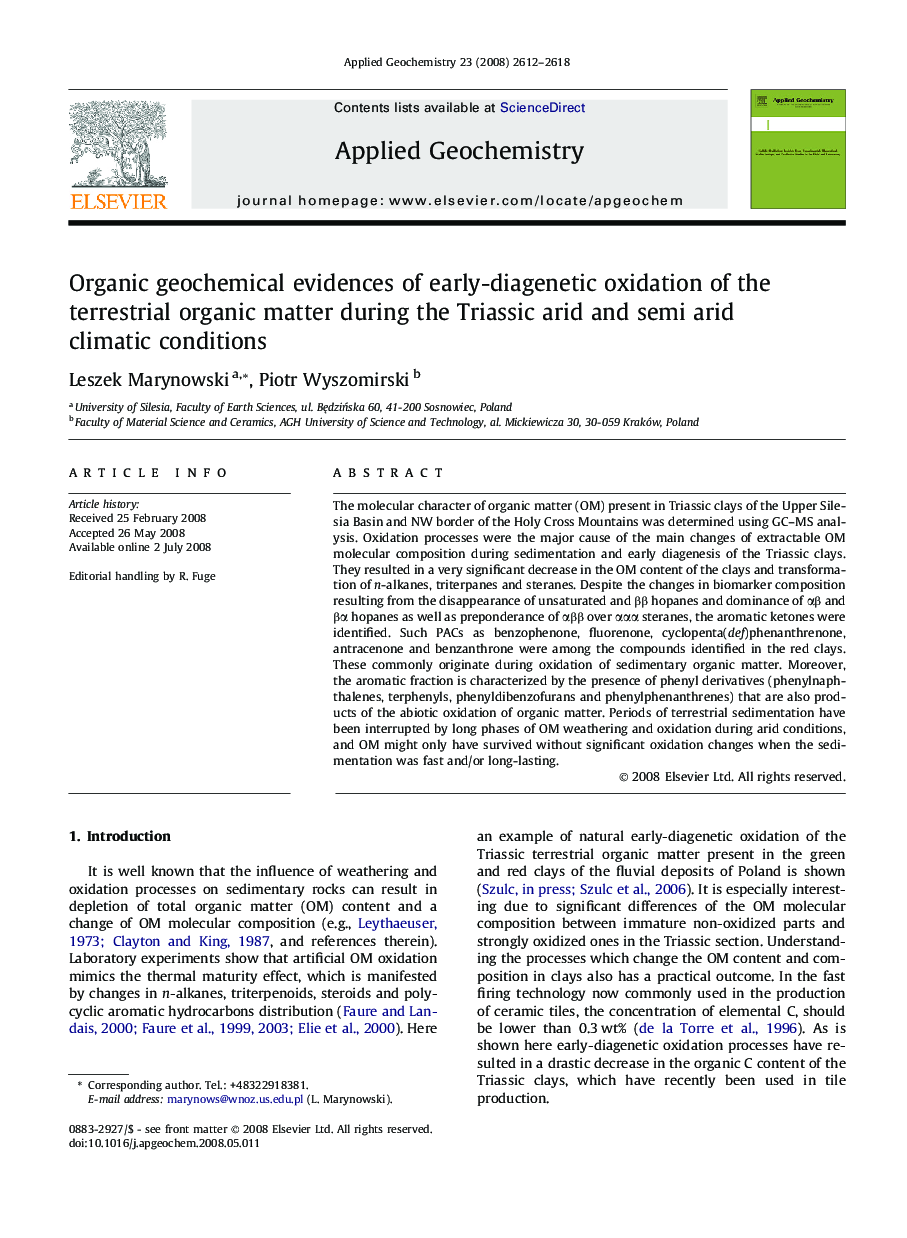 Organic geochemical evidences of early-diagenetic oxidation of the terrestrial organic matter during the Triassic arid and semi arid climatic conditions