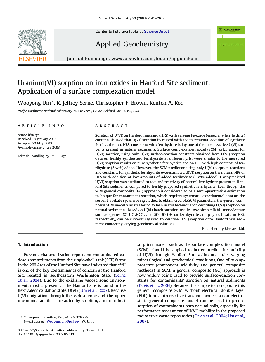 Uranium(VI) sorption on iron oxides in Hanford Site sediment: Application of a surface complexation model