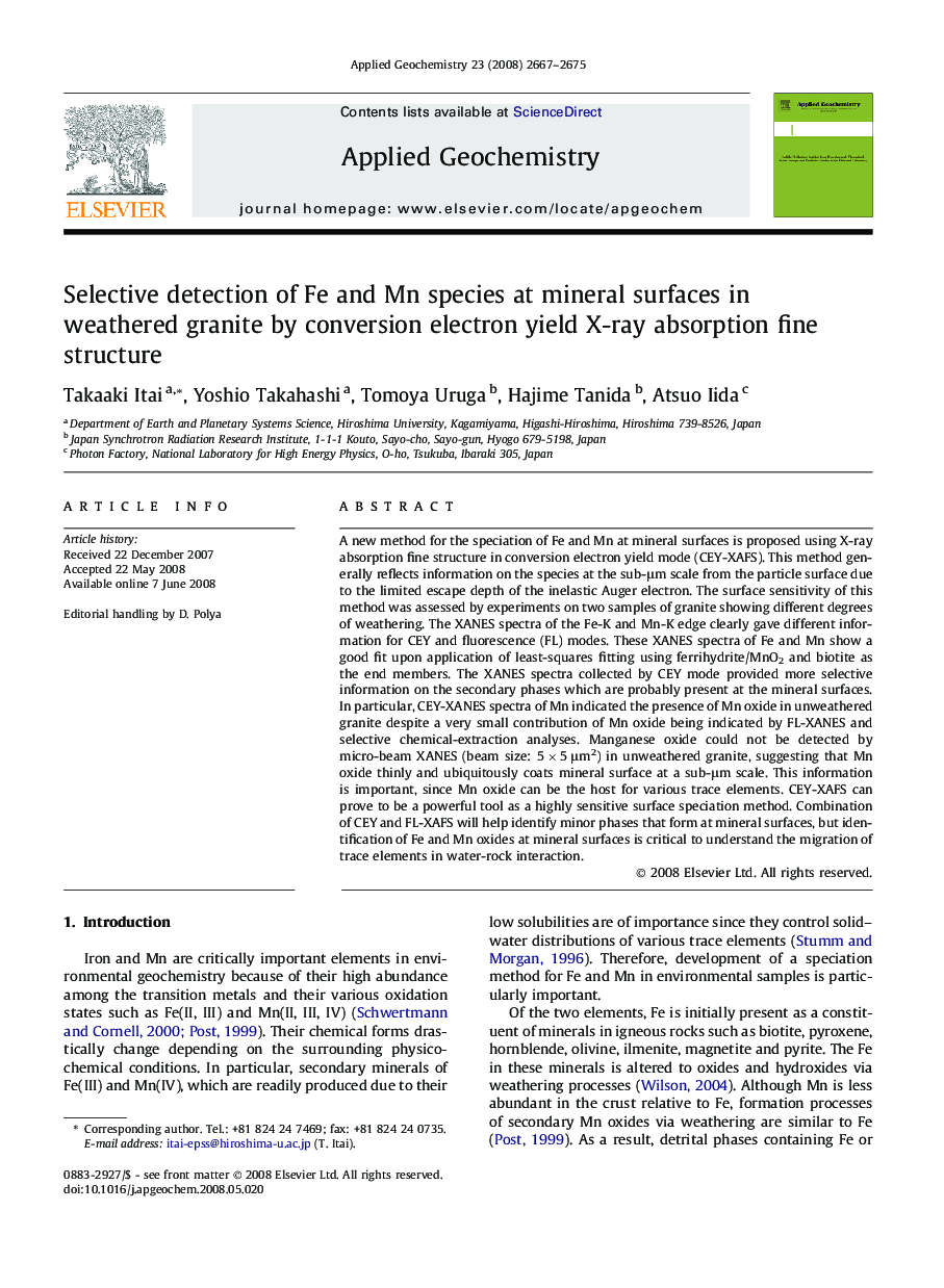 Selective detection of Fe and Mn species at mineral surfaces in weathered granite by conversion electron yield X-ray absorption fine structure