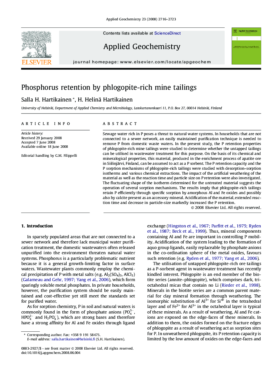 Phosphorus retention by phlogopite-rich mine tailings
