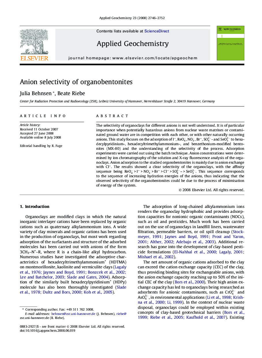 Anion selectivity of organobentonites