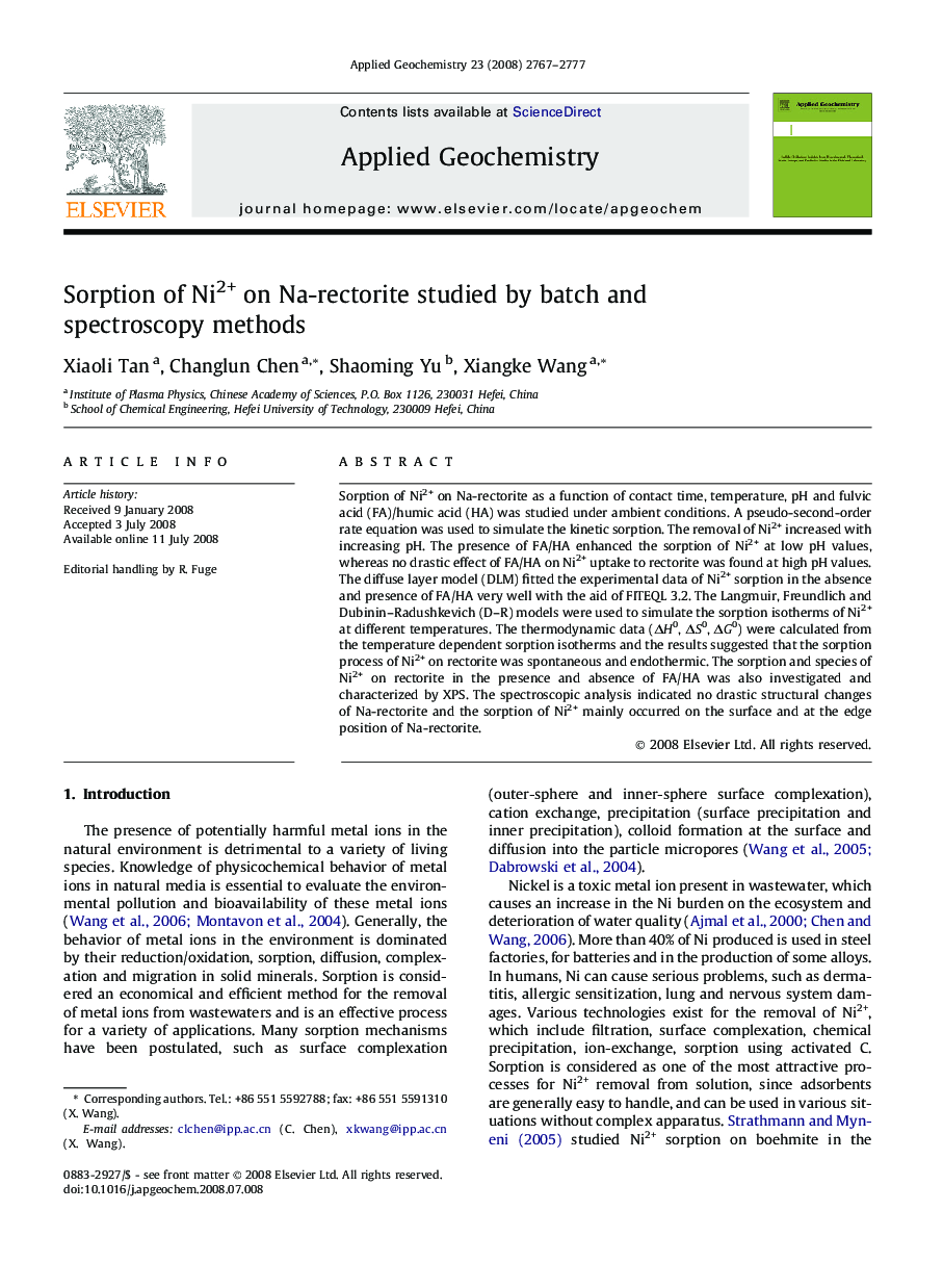 Sorption of Ni2+ on Na-rectorite studied by batch and spectroscopy methods