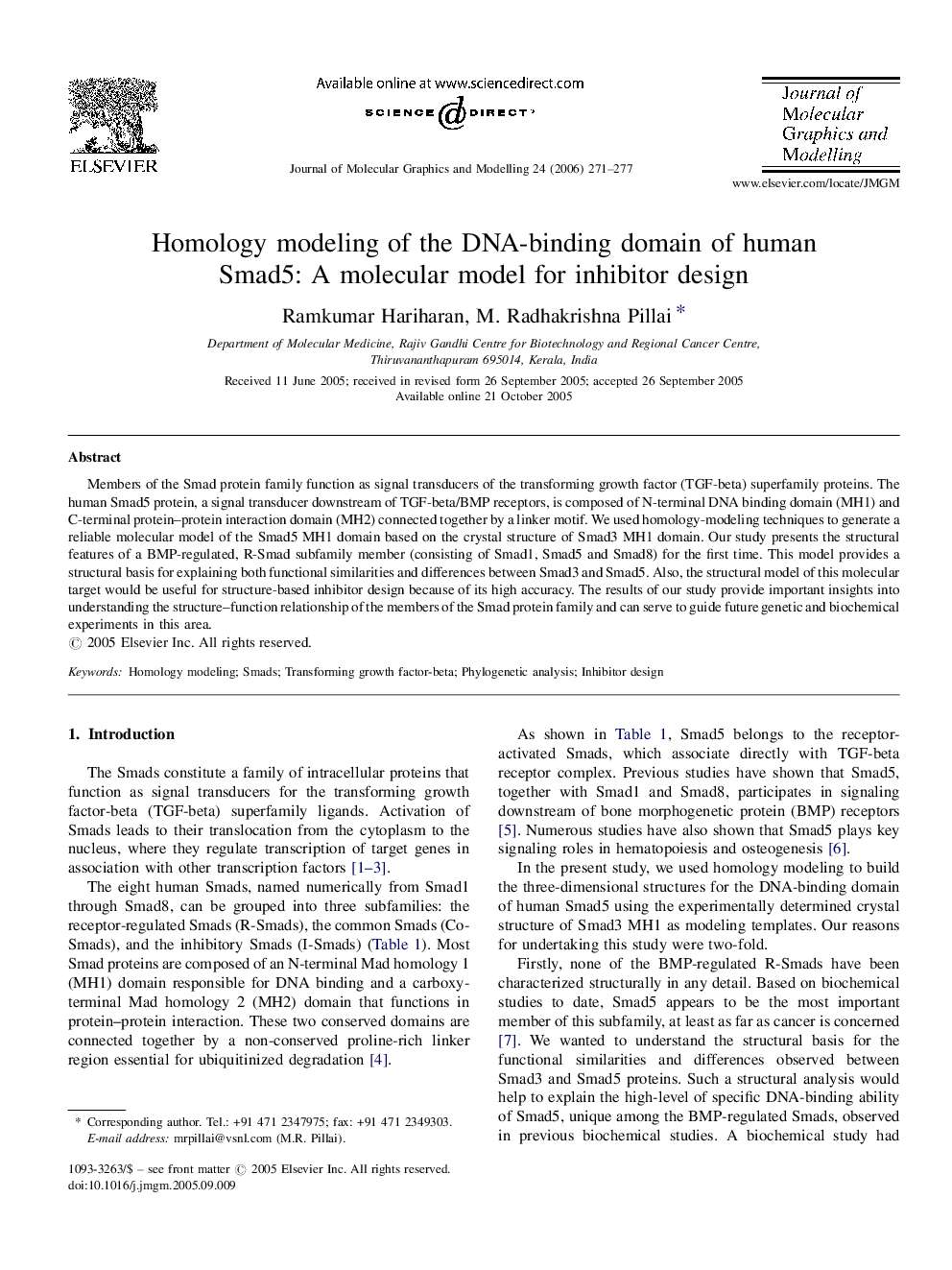 Homology modeling of the DNA-binding domain of human Smad5: A molecular model for inhibitor design