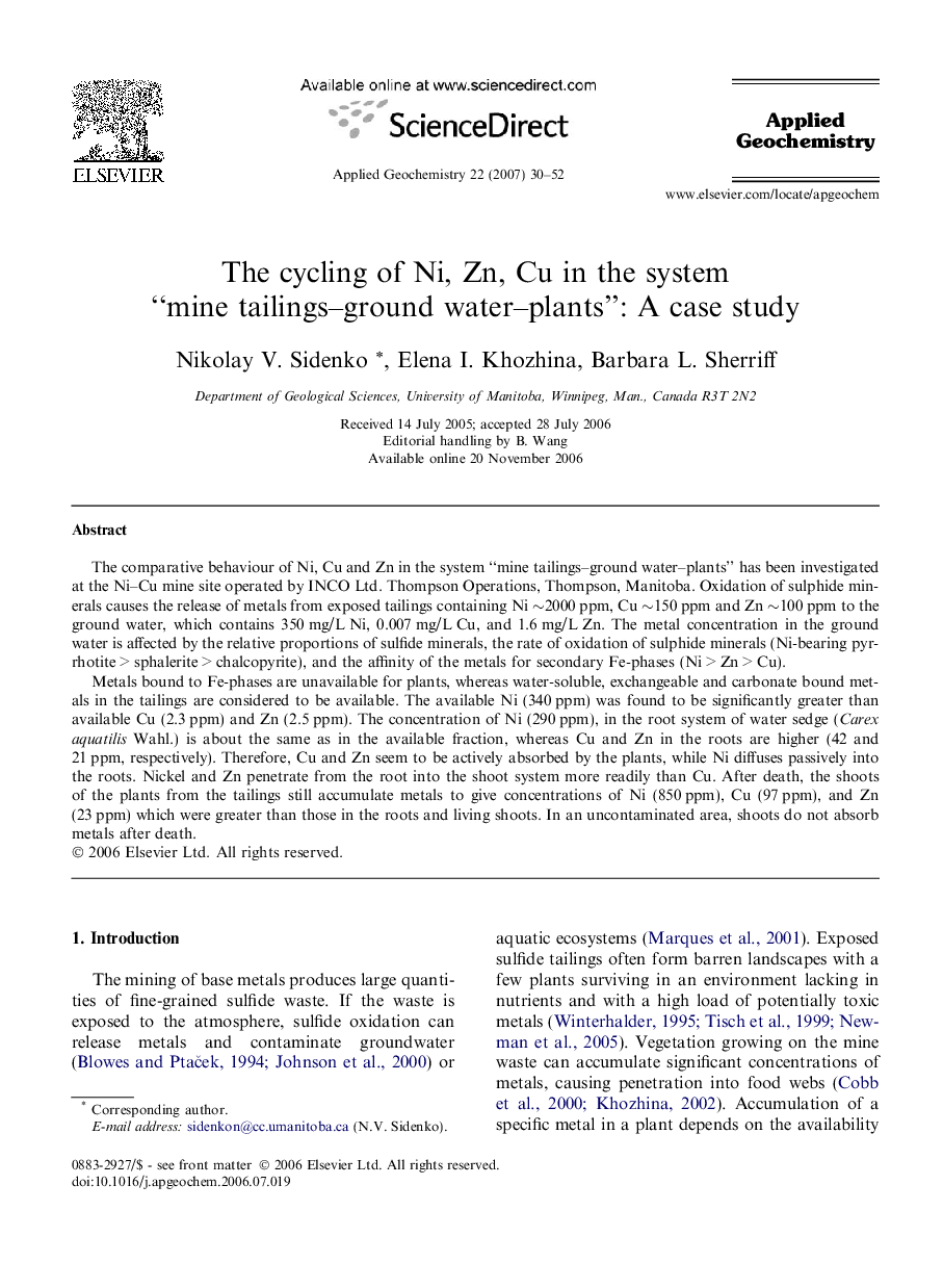 The cycling of Ni, Zn, Cu in the system “mine tailings–ground water–plants”: A case study
