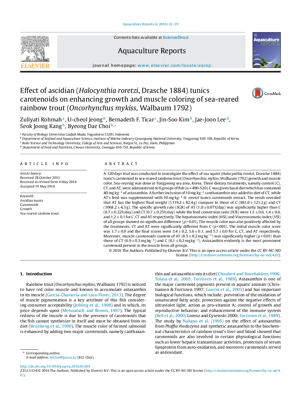 Effect of ascidian (Halocynthia roretzi, Drasche 1884) tunics carotenoids on enhancing growth and muscle coloring of sea-reared rainbow trout (Oncorhynchus mykiss, Walbaum 1792)