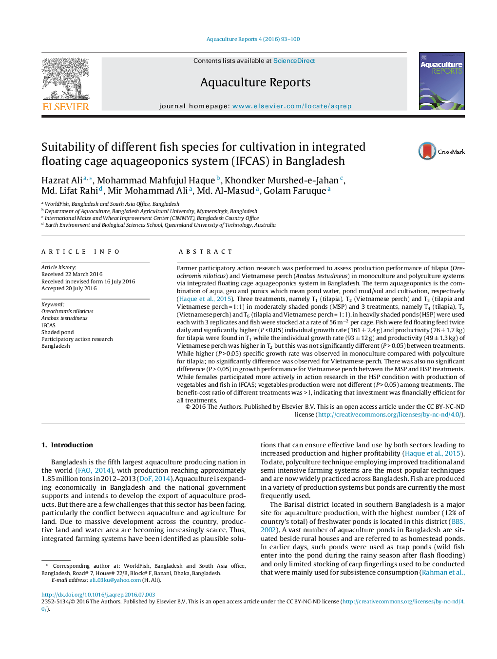 Suitability of different fish species for cultivation in integrated floating cage aquageoponics system (IFCAS) in Bangladesh