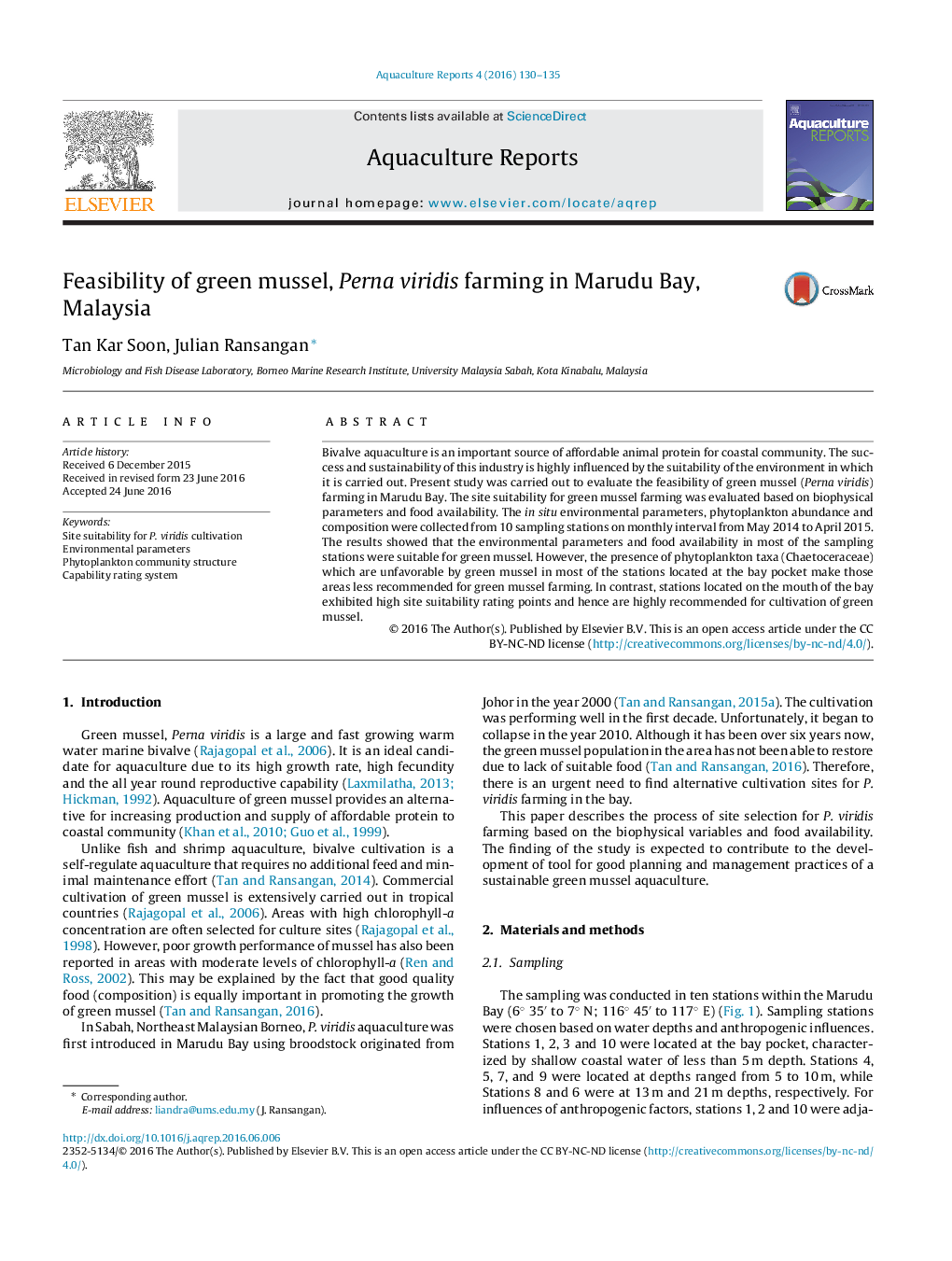 Feasibility of green mussel, Perna viridis farming in Marudu Bay, Malaysia