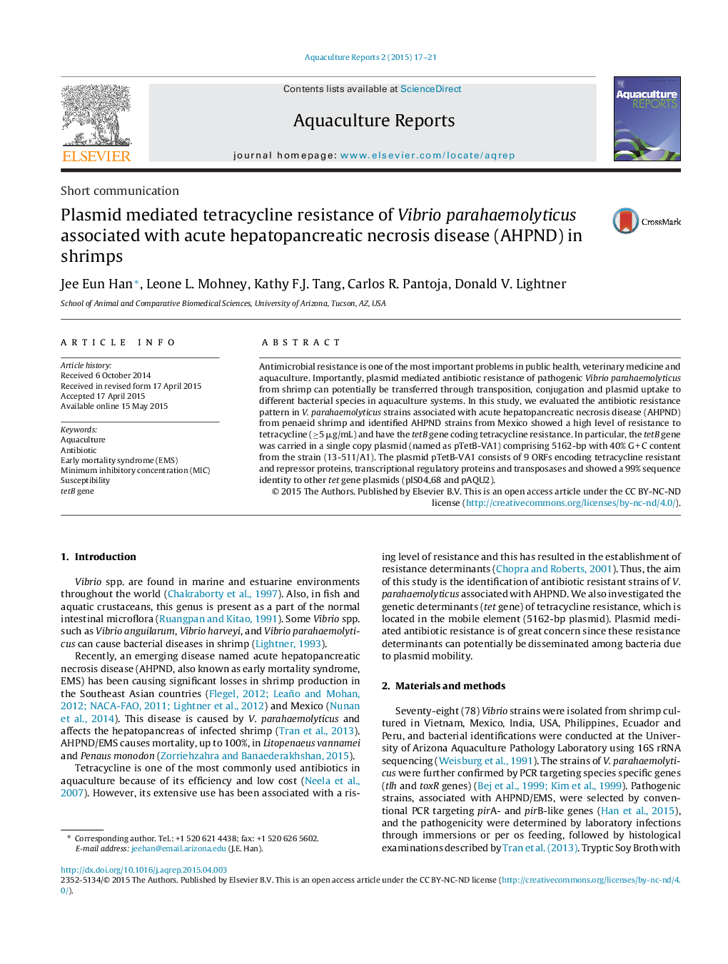 Plasmid mediated tetracycline resistance of Vibrio parahaemolyticus associated with acute hepatopancreatic necrosis disease (AHPND) in shrimps