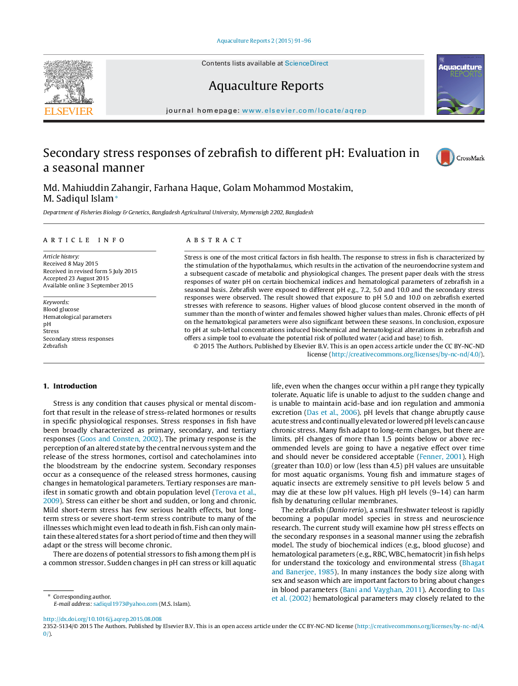 Secondary stress responses of zebrafish to different pH: Evaluation in a seasonal manner