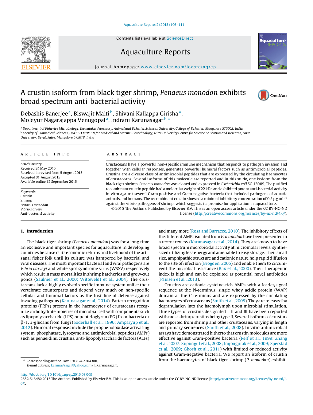 A crustin isoform from black tiger shrimp, Penaeus monodon exhibits broad spectrum anti-bacterial activity