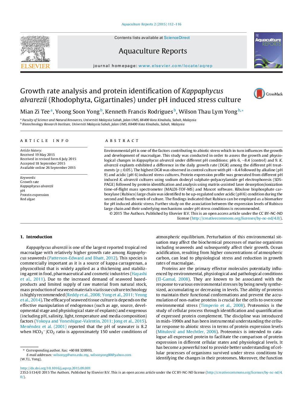 Growth rate analysis and protein identification of Kappaphycus alvarezii (Rhodophyta, Gigartinales) under pH induced stress culture