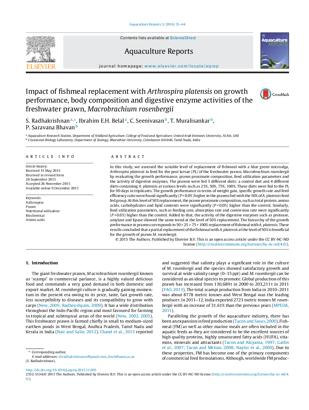 Impact of fishmeal replacement with Arthrospira platensis on growth performance, body composition and digestive enzyme activities of the freshwater prawn, Macrobrachium rosenbergii