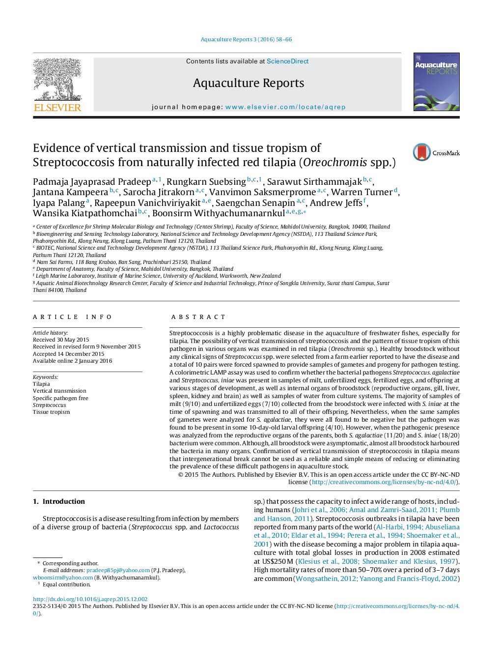 Evidence of vertical transmission and tissue tropism of Streptococcosis from naturally infected red tilapia (Oreochromis spp.)