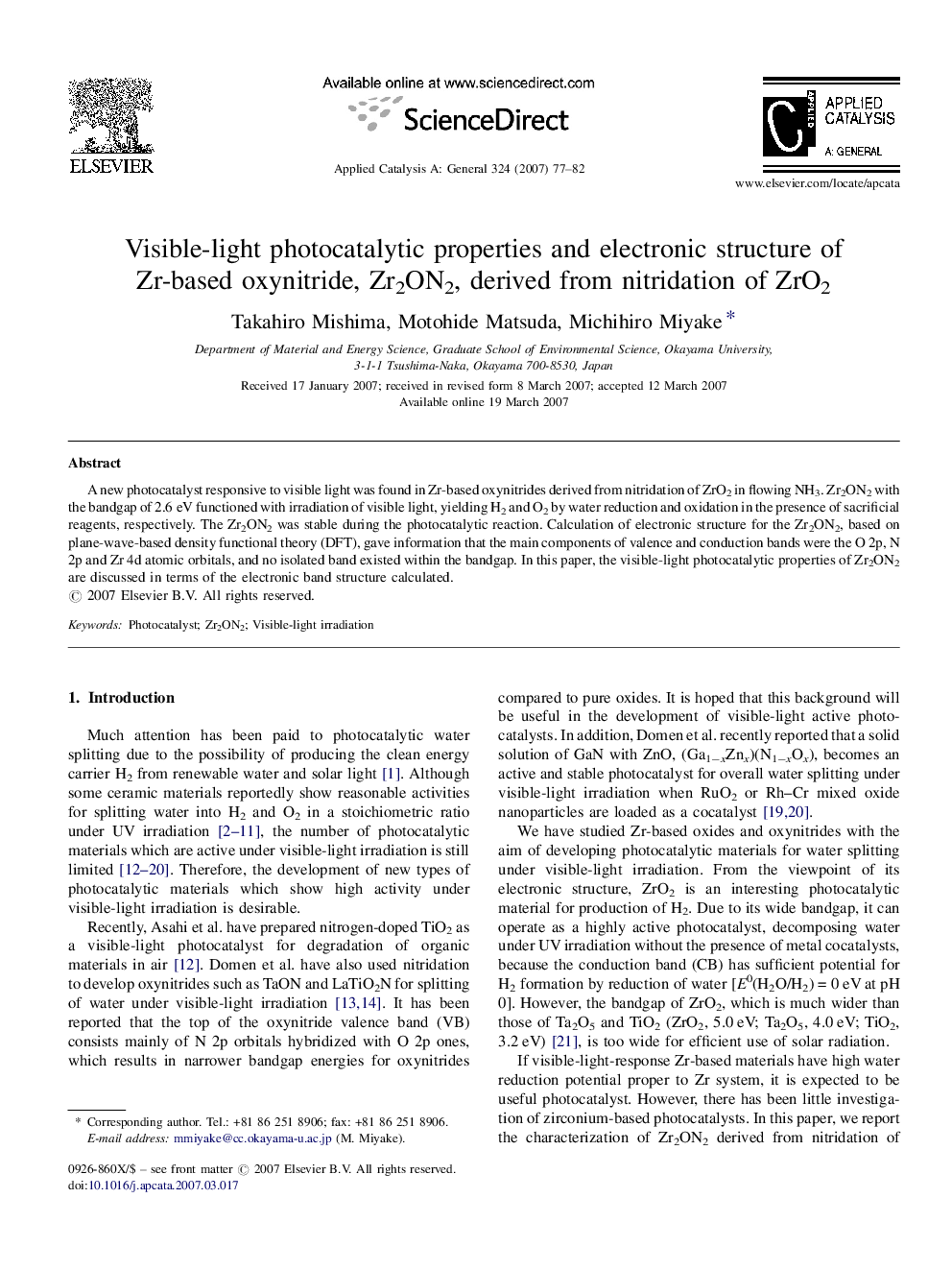 Visible-light photocatalytic properties and electronic structure of Zr-based oxynitride, Zr2ON2, derived from nitridation of ZrO2