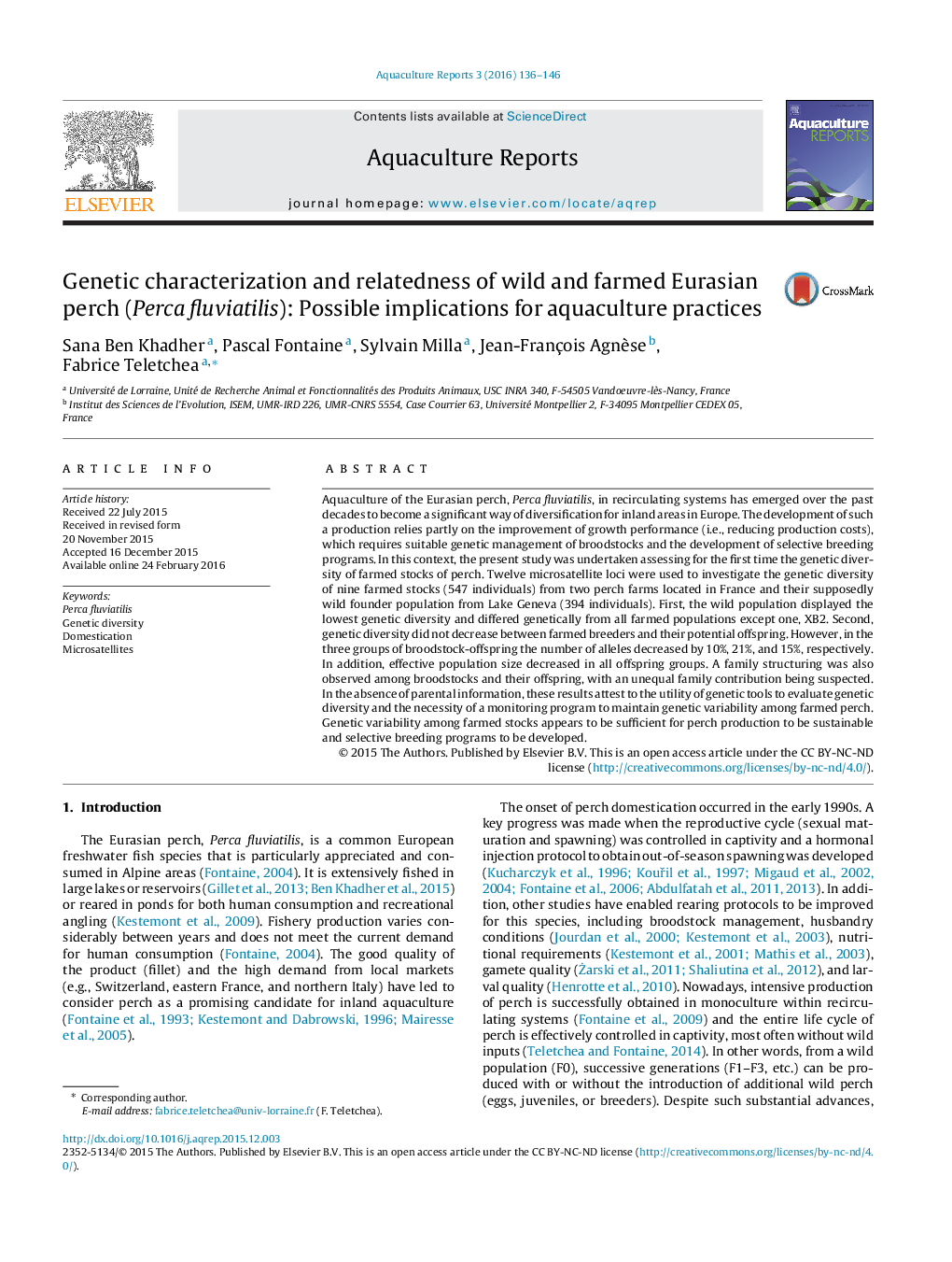 Genetic characterization and relatedness of wild and farmed Eurasian perch (Perca fluviatilis): Possible implications for aquaculture practices