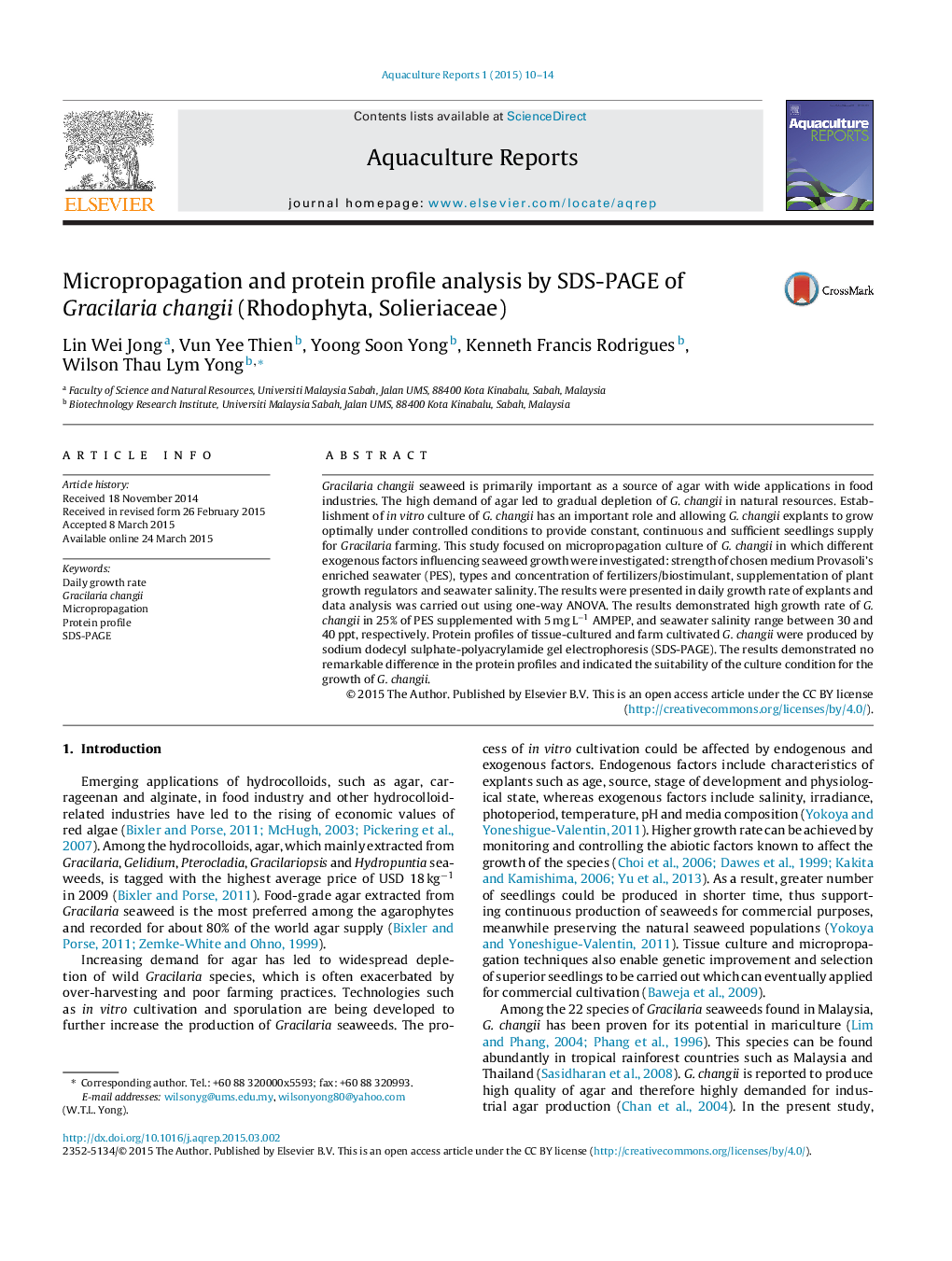عکس صفحه اول مقاله: Micropropagation and protein profile analysis by SDS-PAGE of Gracilaria changii (Rhodophyta, Solieriaceae) Micropropagation and protein profile analysis by SDS-PAGE of Gracilaria changii (Rhodophyta, Solieriaceae)