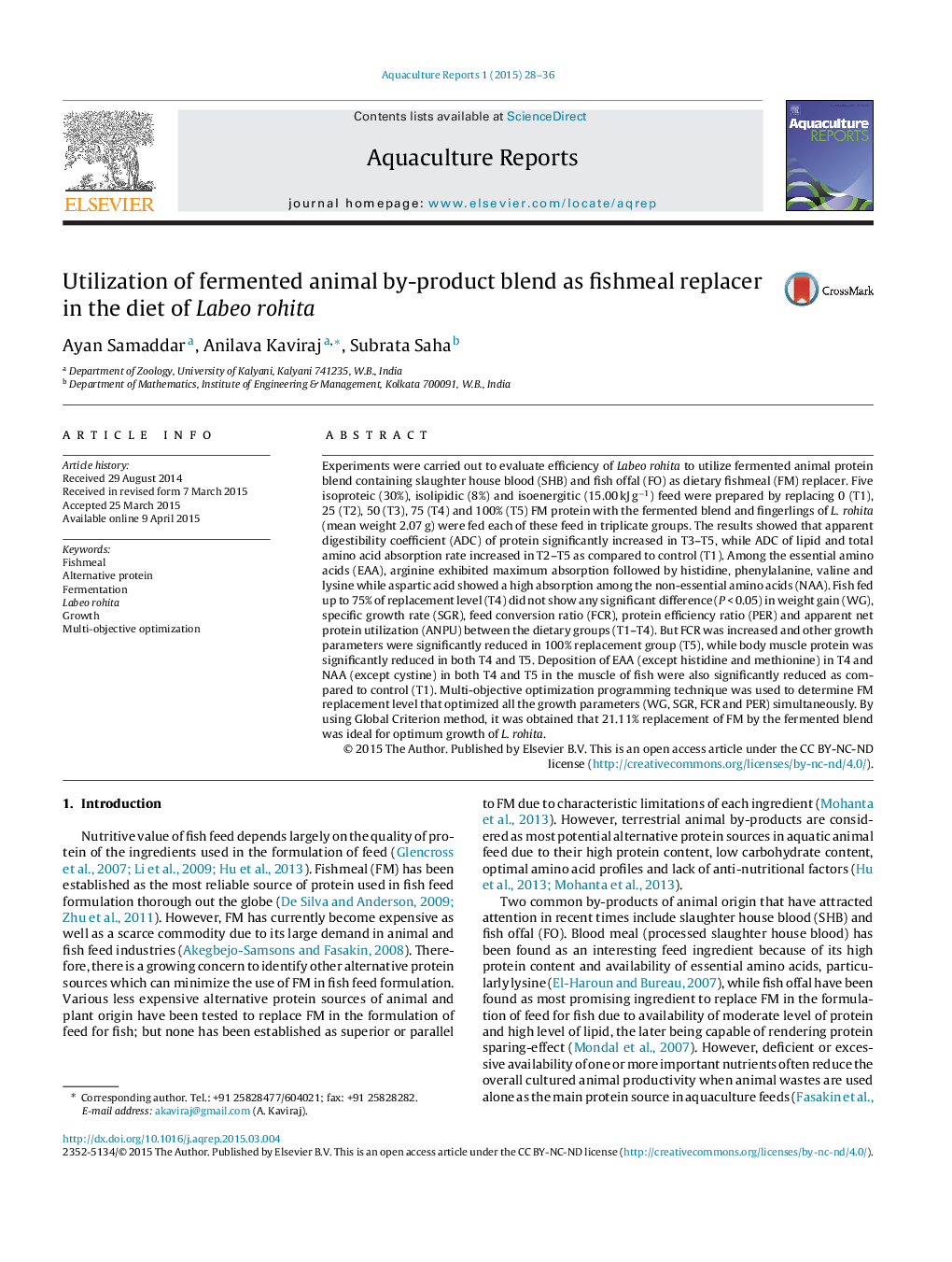 Utilization of fermented animal by-product blend as fishmeal replacer in the diet of Labeo rohita